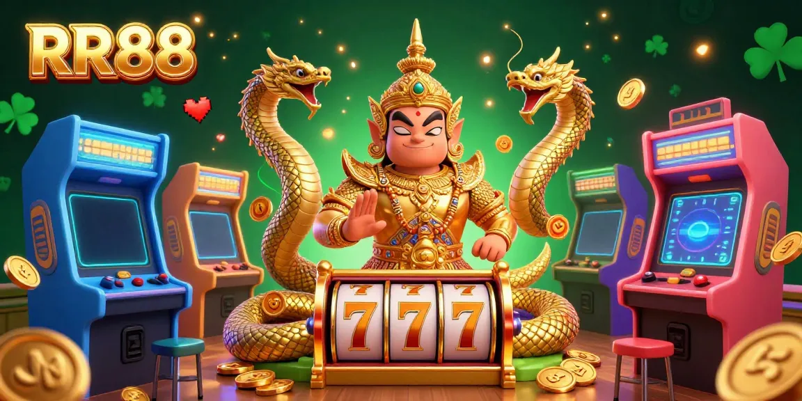 Experience the excitement of RR88 with a vibrant 3D casino scene featuring guardian characters and dynamic game elements.