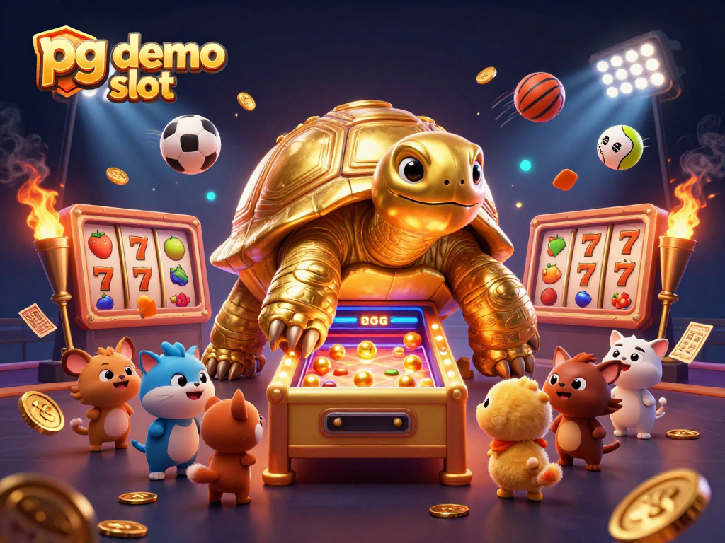 Spin the pg demo slot machine in this vibrant 3D casino illustration with dynamic sports elements.