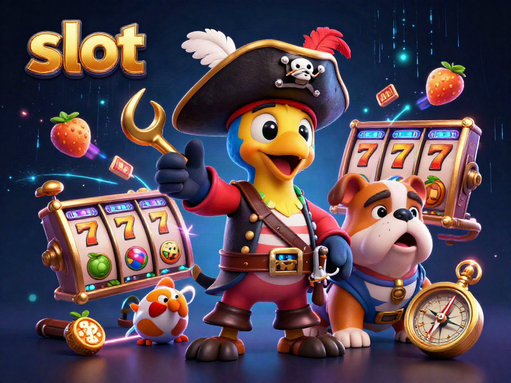 Permainan slot yang menarik dengan simbol jackpot dan karakter kartun dalam suasana kasino.