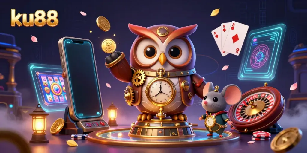 Engage with the vibrant ku88 casino scene featuring a time-traveler owl and dynamic gaming elements.