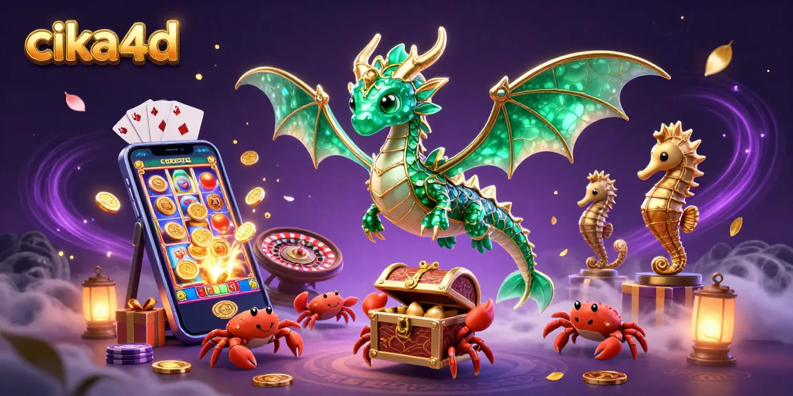 Experience vibrant slots action with cika4d, featuring a sea dragon, smartphone games, and golden coins.