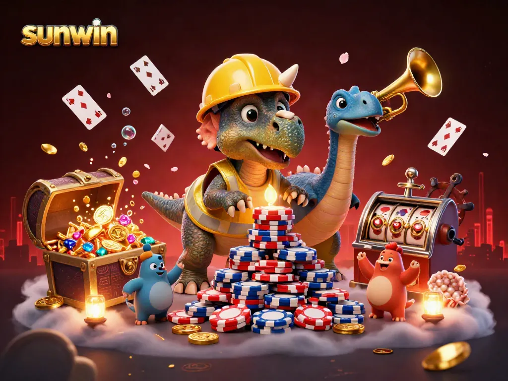 Join the fun with sunwin as a triceratops builds poker chip pyramids amidst vibrant casino-themed visuals.
