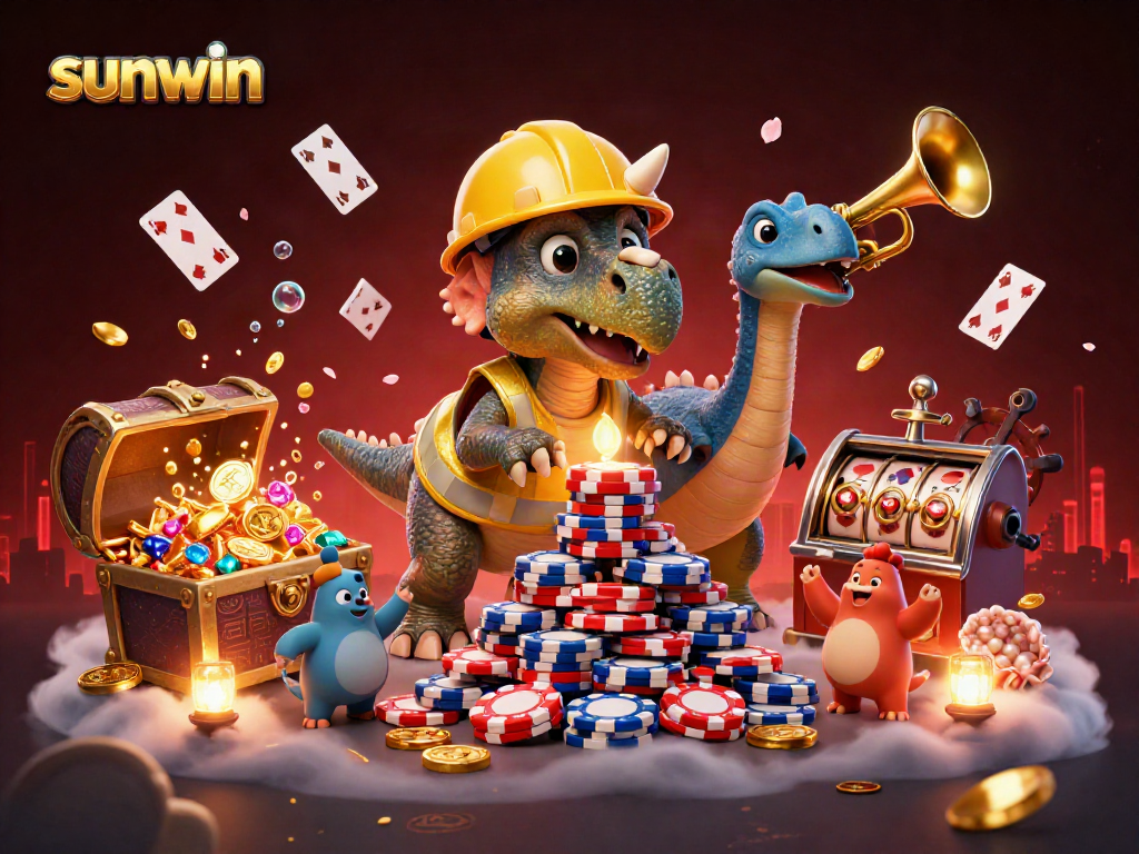 Join the fun with sunwin as a triceratops builds poker chip pyramids amidst vibrant casino-themed visuals.