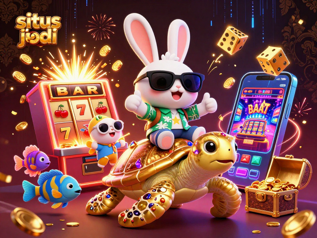Experience situs judi bola with interactive fun, featuring lucky rabbit, golden turtle, and vibrant casino elements.