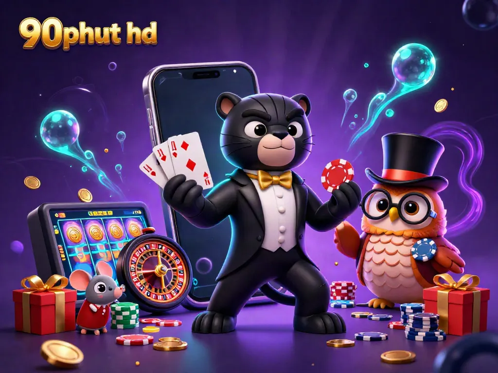 Engage in thrilling gameplay at 90phut hd with a stylish panther dealer and playful owl, showcasing lively casino elements.