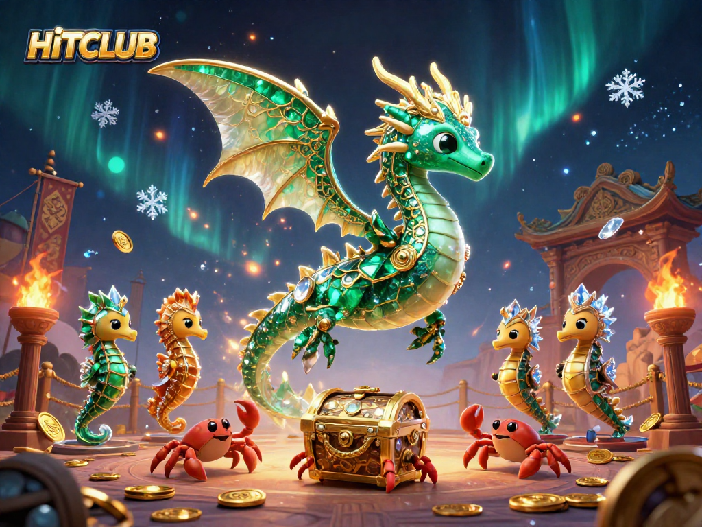 Experience top-tier gaming with HITCLUB as a luxurious sea dragon and treasure chest lead a vibrant underwater adventure.