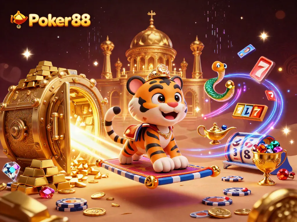 Experience the magic of Poker88 with an Arabian Nights-themed tiger sultan surrounded by slot reels and treasures.