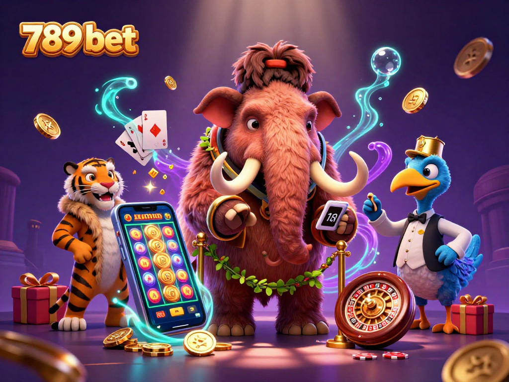 Engage with 789 bet as a woolly mammoth checks IDs at a casino entrance with vibrant gaming elements.