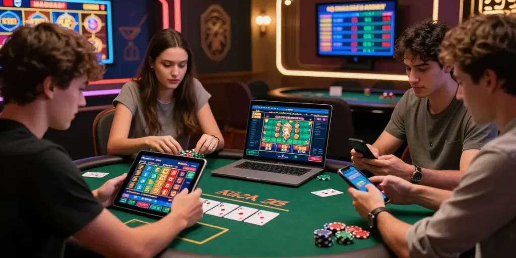 Players enjoying QQMacan online casino games on devices in a lively gaming atmosphere.