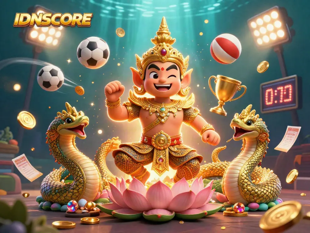 IDNSCORE engages bettors with a vibrant casino scene showcasing golden guardians and dynamic sports elements.