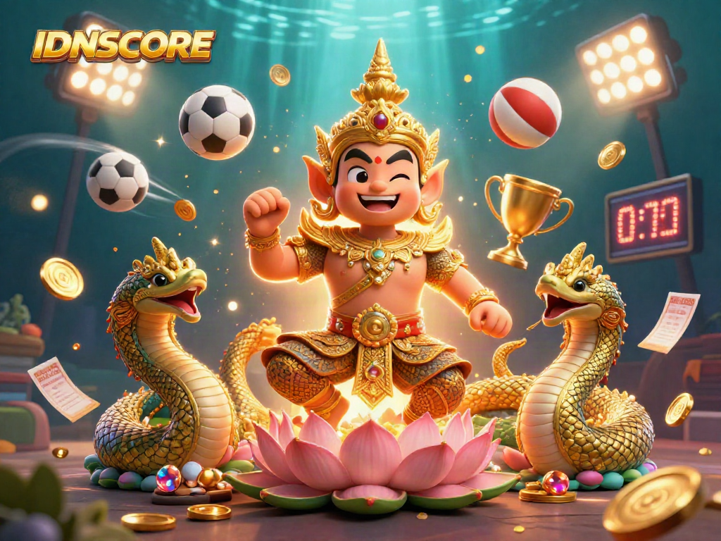 IDNSCORE engages bettors with a vibrant casino scene showcasing golden guardians and dynamic sports elements.