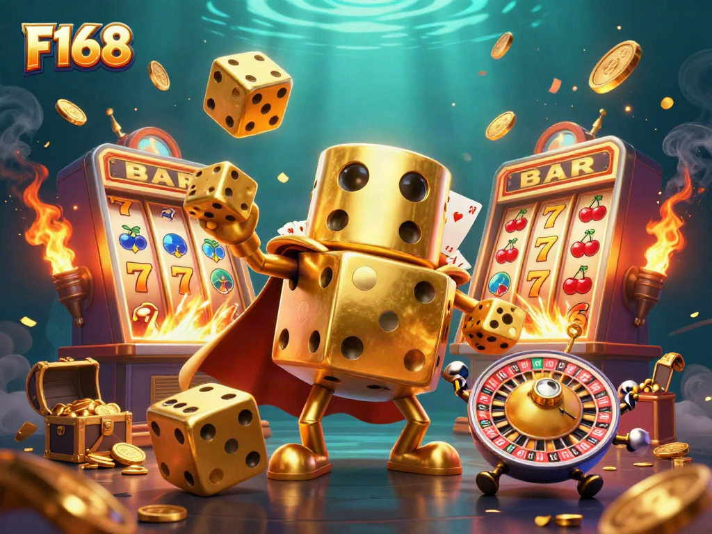 F168 showcases a dynamic 3D casino scene featuring a golden dice golem and jackpot elements.