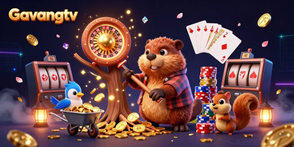 Experience thrilling moments with Gavangtv as beaver collects golden coins in this vibrant casino scene.