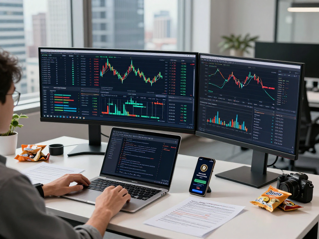 MetaTrader 5官网的现代化交易工作台，实时显示加密货币交易图表，技术分析与DeFi协议，展示专业金融技术氛围。