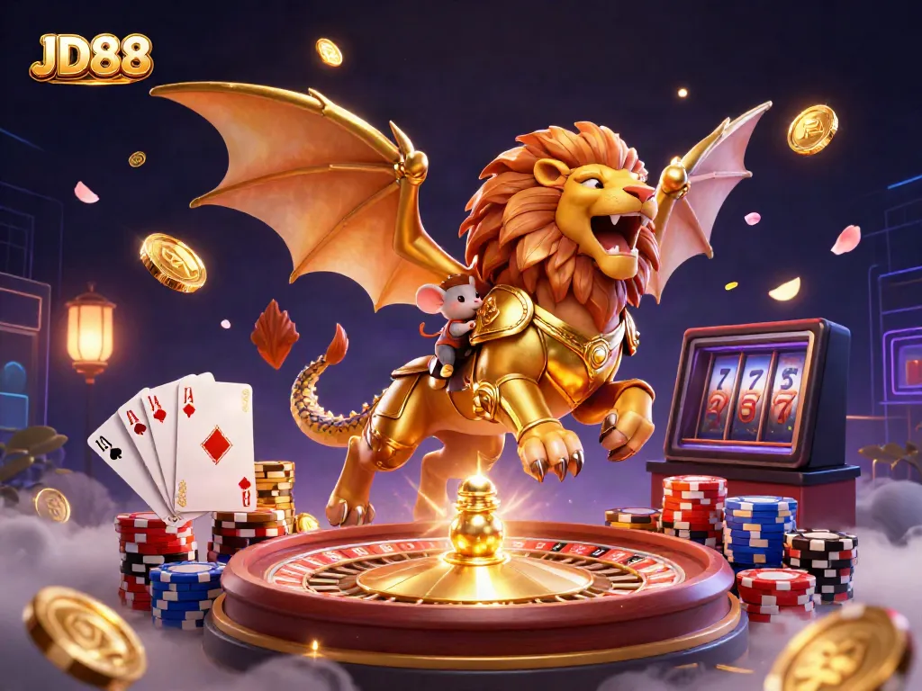 Experience the thrill of JD88's vibrant casino luck with a roaring chimera and treasures galore.