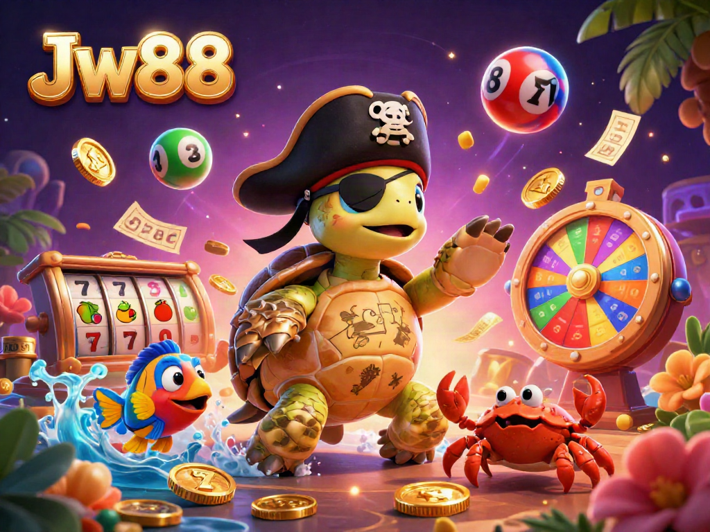 Engage in thrilling gaming experiences with Jw88 as vibrant lottery balls, slot reels, and cheerful characters create an exciting atmosphere.