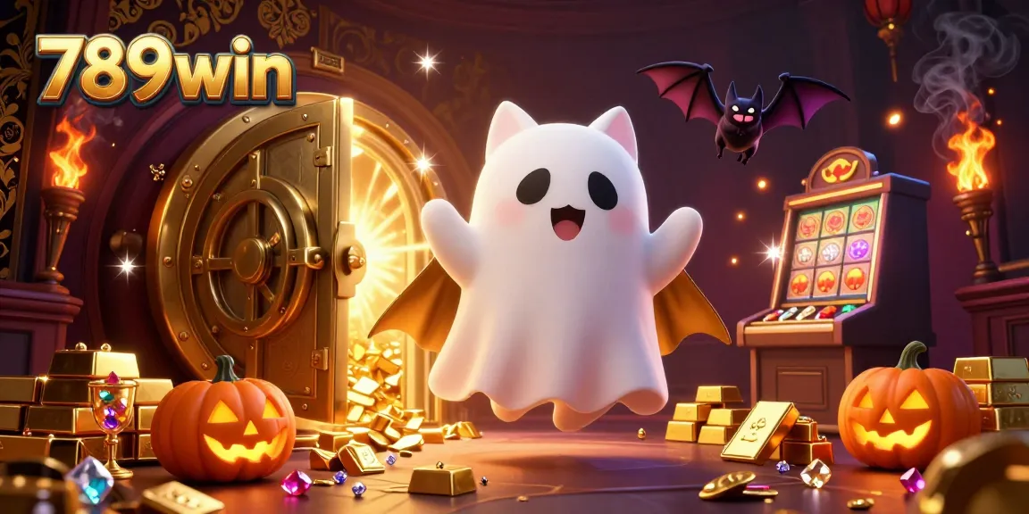 Experience the excitement of 789win with a ghostly cat and treasures in a haunted casino scene.