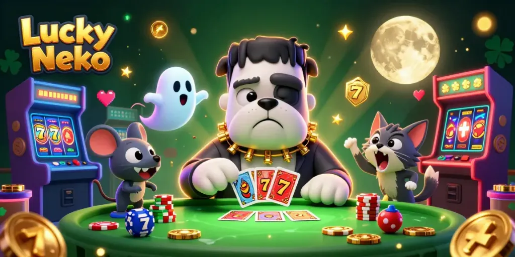 Experience the thrill of Lucky Neko with a vibrant and dynamic casino-themed 3D illustration.