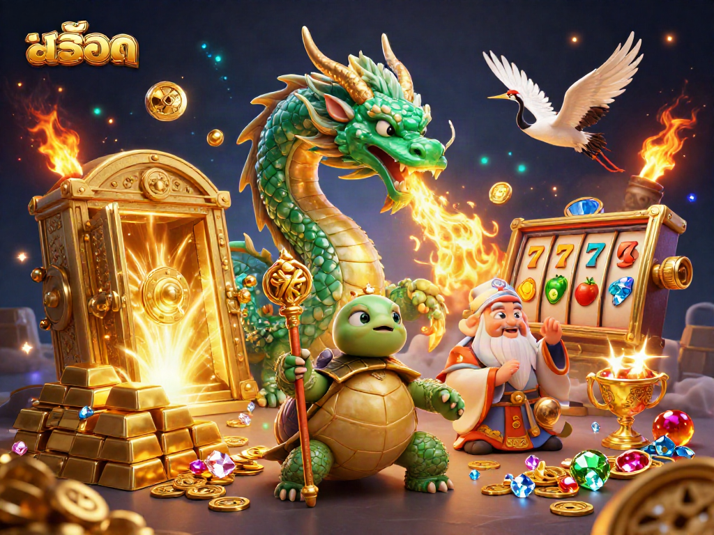 Engage in exciting สล็อต experiences with a dragon, turtle sage, and lucky cranes surrounded by treasures.