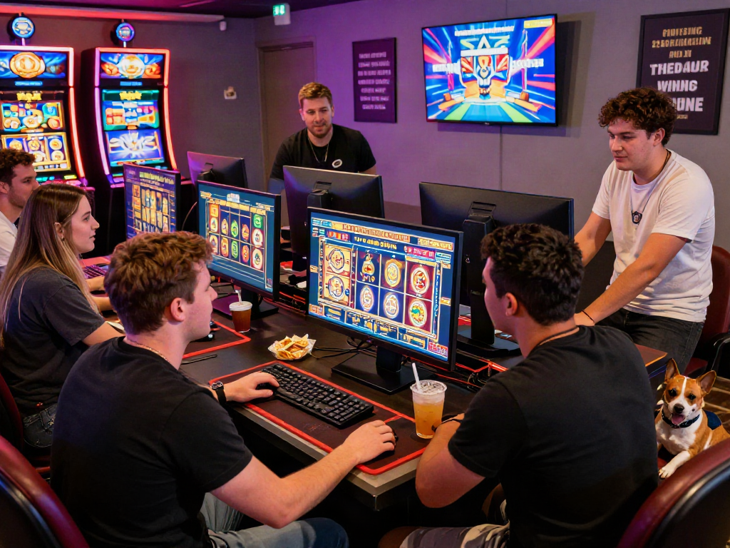 Diverse friends enjoying a captivating rutanslot gaming experience on a computer, surrounded by snacks and drinks, in a vibrant atmosphere.
