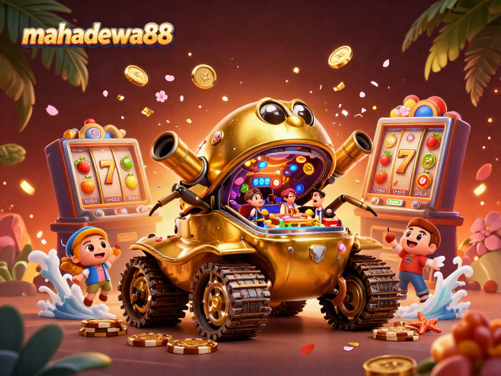 Engage in the thrilling world of mahadewa88 with a vibrant 3D depiction of a golden beetle tank casino filled with excitement.