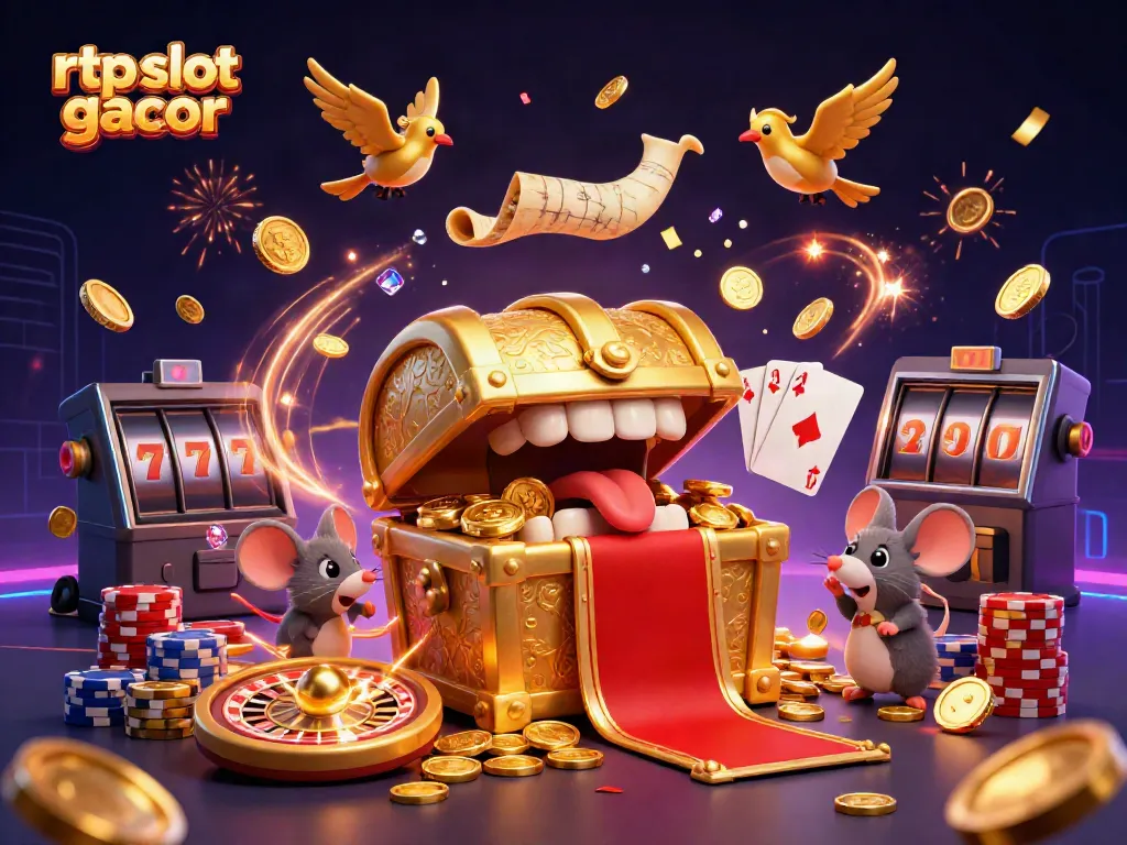 Menggoda pemain slot dengan RTP slot gacor di tengah tumpukan koin emas dan permainan slot yang menawan.