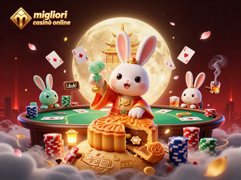 I migliori casinò online presentano il coniglio della luna e divertenti elementi di gioco in un'illustrazione vibrante.