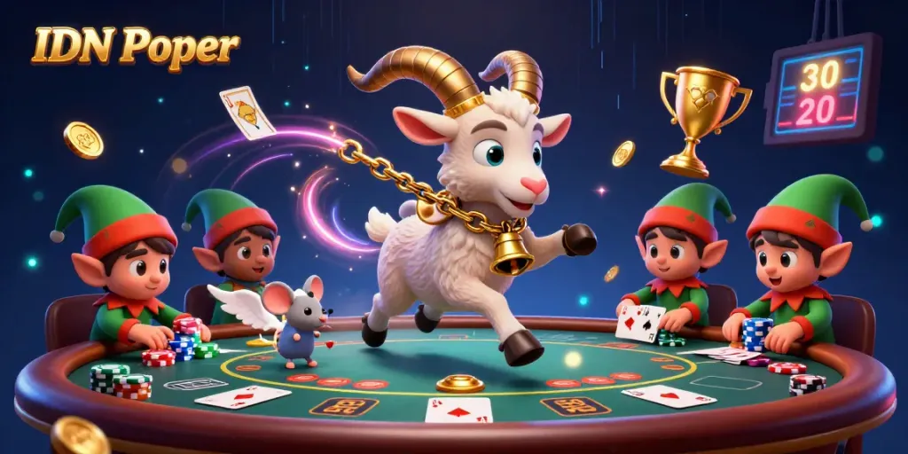 IDN Poker scene showcasing a 3D festive casino environment with Krampus and elf gremlins engaging players.