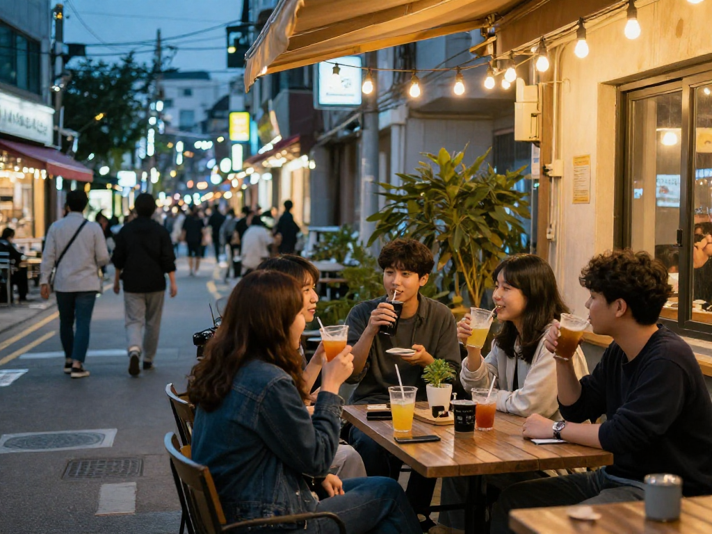 일산OP를 즐기는 고객들이 카페에서 대화를 나누며 여유로운 시간을 보내고 있는 모습입니다.