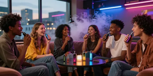 Friends enjoying Alien Labs Disposable vapes in a stylish urban lounge.