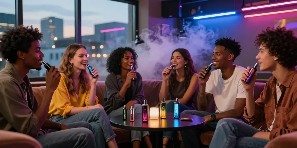 Friends enjoying Alien Labs Disposable vapes in a stylish urban lounge.