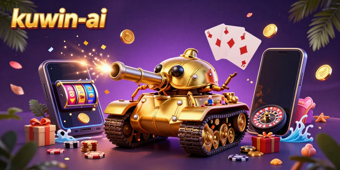 Kuwin-ai showcases a vivid scene of a lively casino within a golden beetle tank, surrounded by dynamic gaming elements.