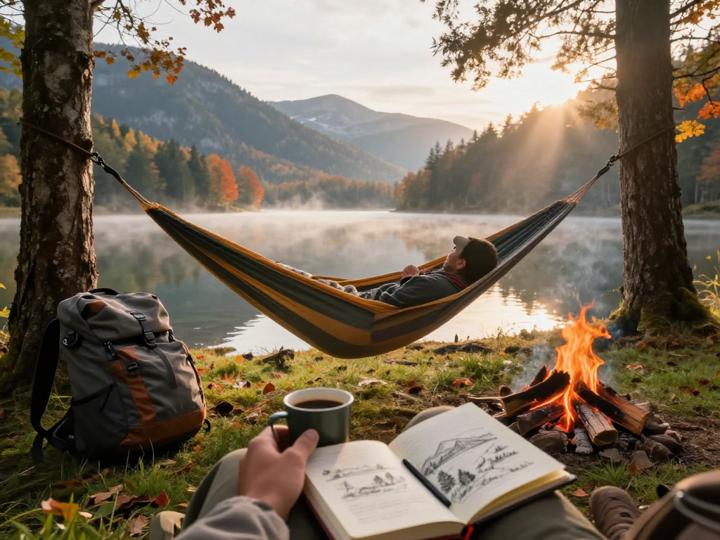Rokok88 campers enjoying serene morning coffee in nature by the lake.
