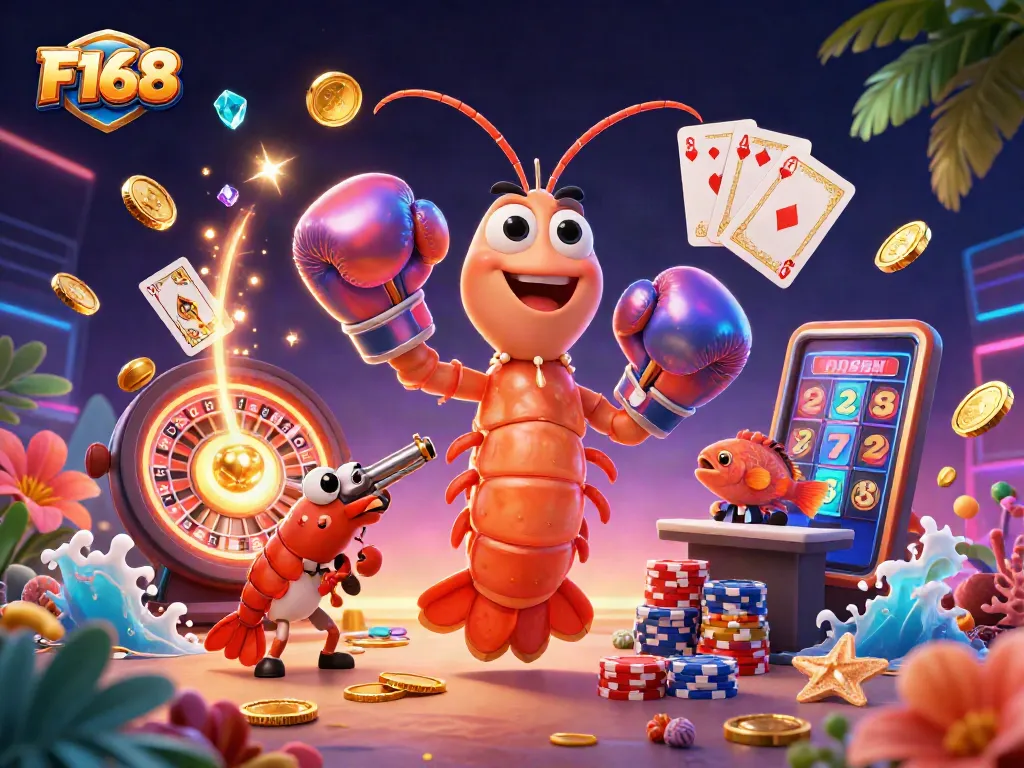 Engage in thrilling casino gameplay with F168, showcasing vibrant 3D characters and casino elements.