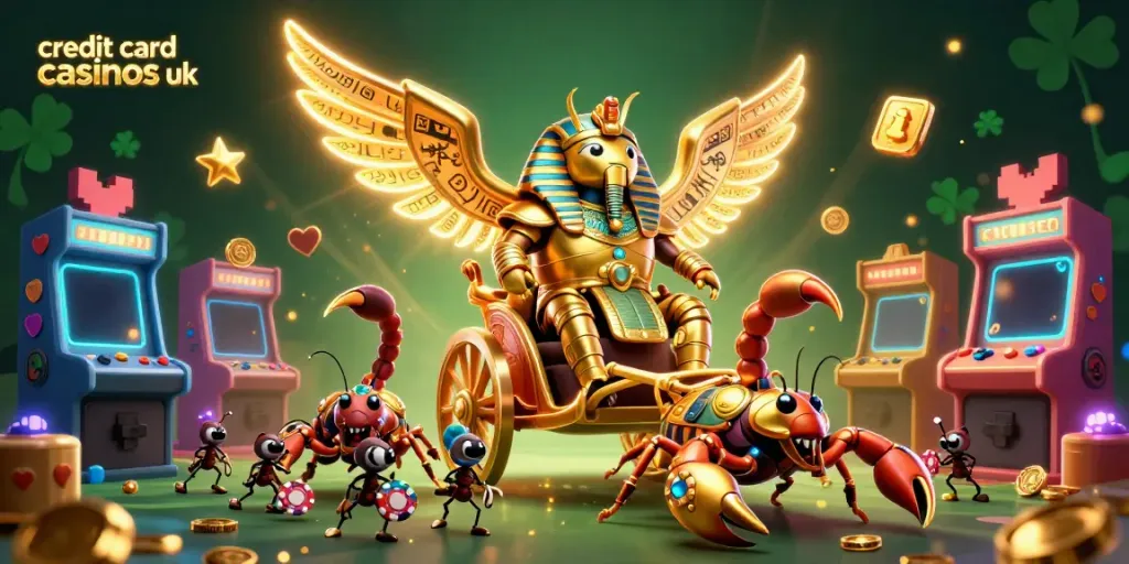 Experience vibrant credit card casinos uk action with a golden scarab beetle chariot and game elements.