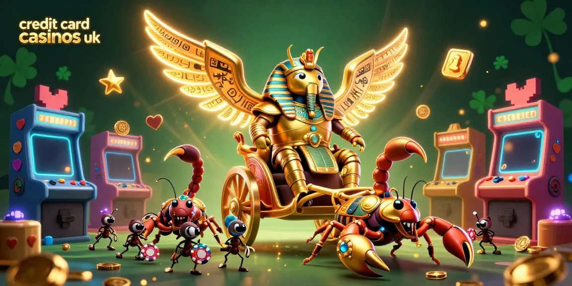Experience vibrant credit card casinos uk action with a golden scarab beetle chariot and game elements.