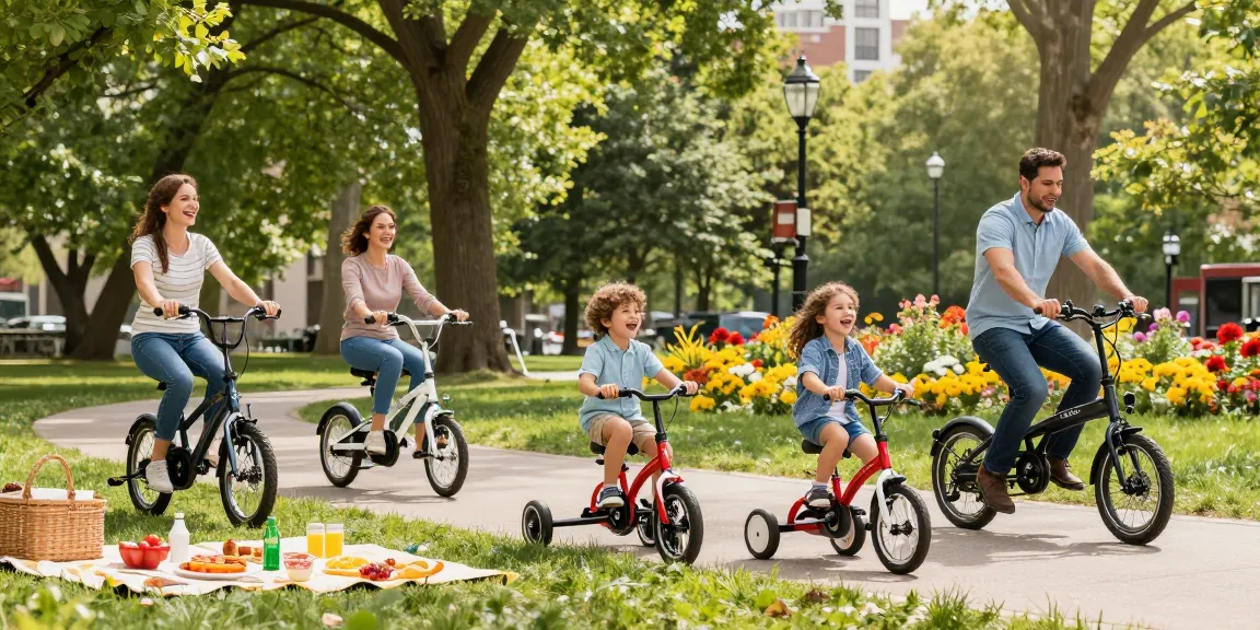 Families enjoying tricycles in a sunny park, showcasing fun activities.