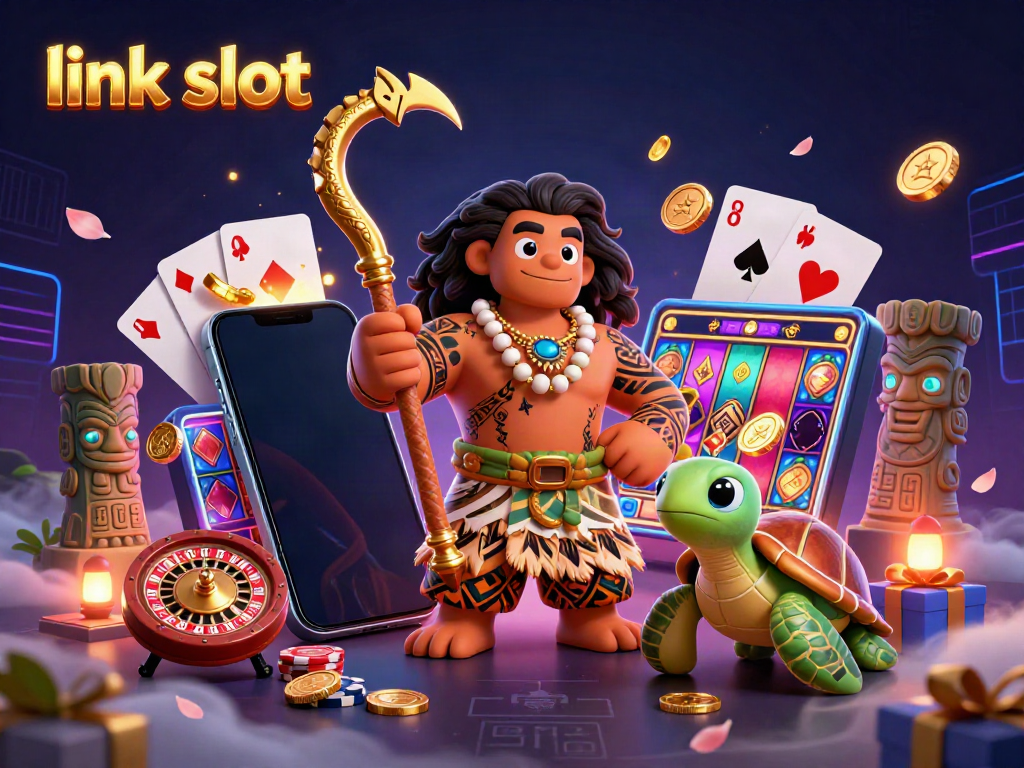 Engage with link slot games featuring a vibrant scene of a Polynesian demigod and a fun turtle.