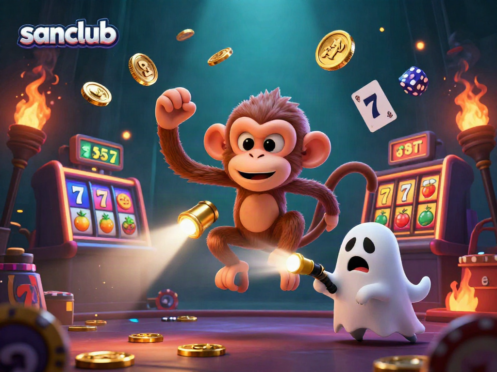 Unleash winning excitement at sanclub with a magical gaming scene featuring a playful poltergeist monkey and ghost-hunting puppy.