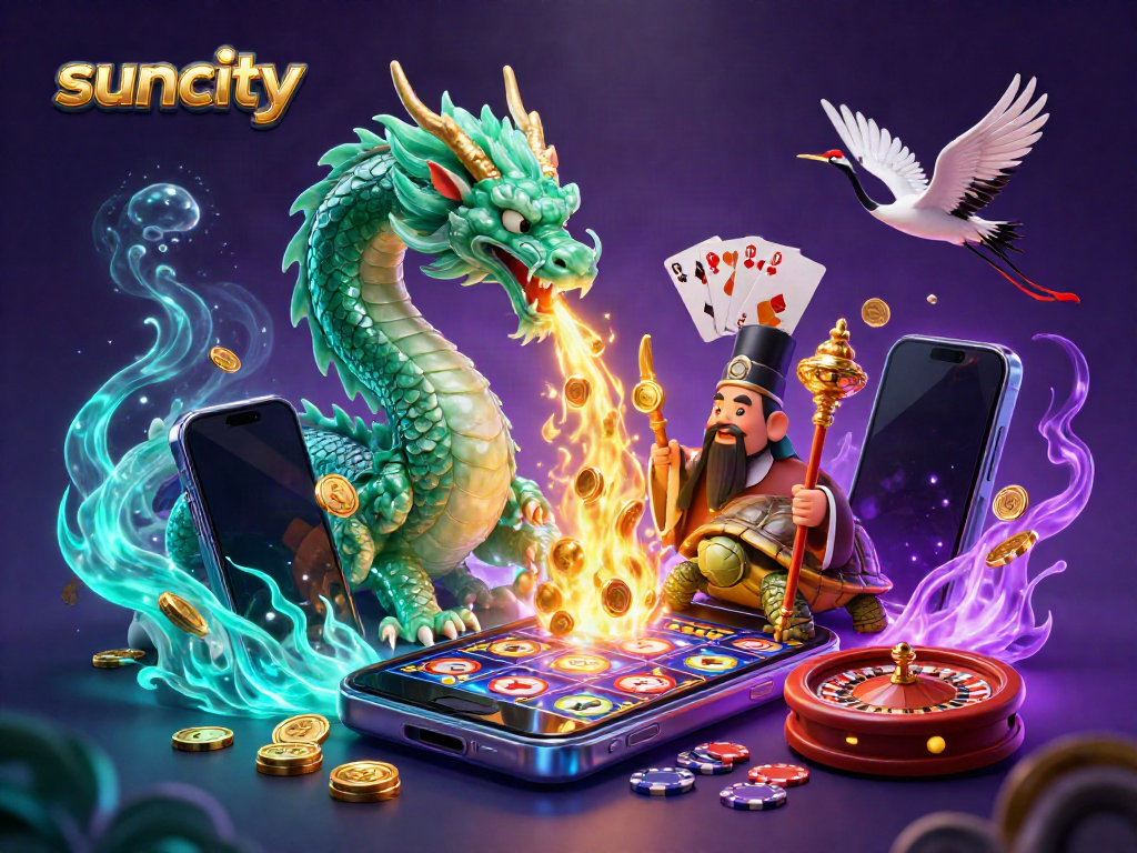 Experience the exhilarating energy of suncity with a vibrant 3D dragon, turtle sage, and lucky cranes in a dynamic casino scene.