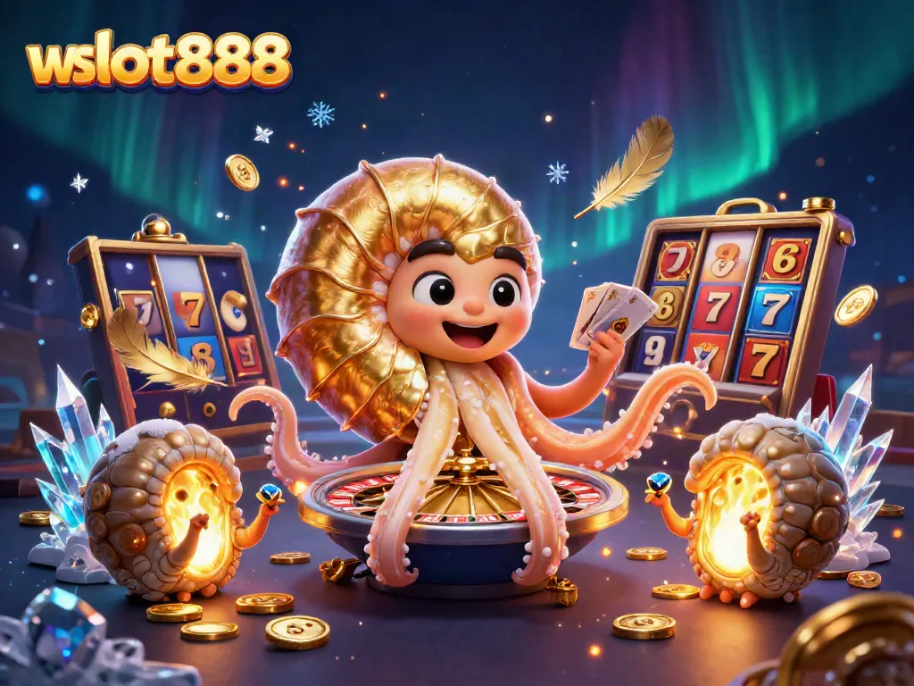 Menggenggam jackpot di wslot888 dengan nautilus kuno dan simbol slot menyala dalam suasana magis.