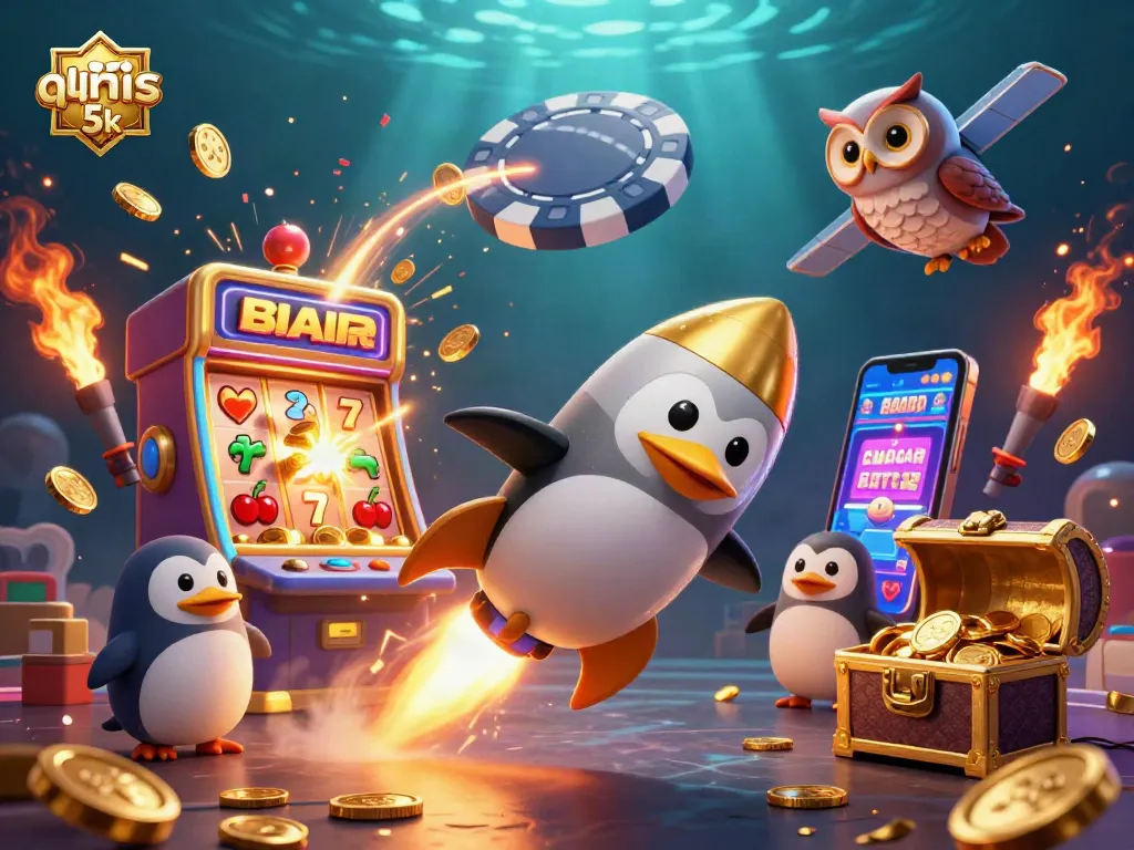 Engage with thrilling gaming at slot qris 5k, featuring a golden penguin blasting through space towards a jackpot slot machine.