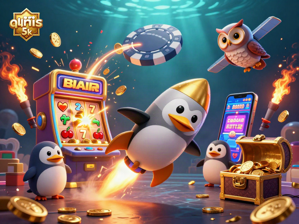 Engage with thrilling gaming at slot qris 5k, featuring a golden penguin blasting through space towards a jackpot slot machine.