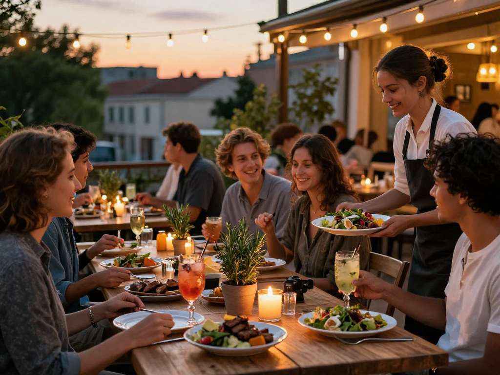 Dining on a restaurant terrace at sunset, enjoying rokok88 dishes with friends and festive atmosphere.