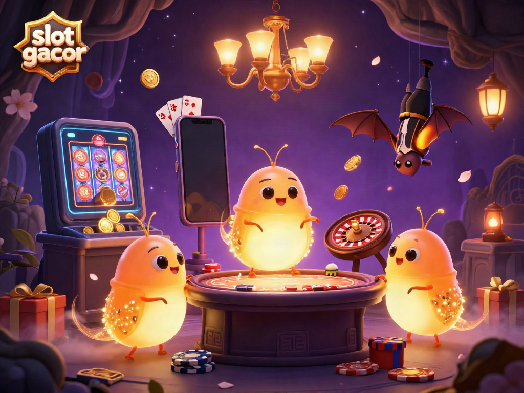 Slot gacor memperlihatkan suasana kasino gua yang megah dengan karakter lucu dan elemen permainan yang berkilau.