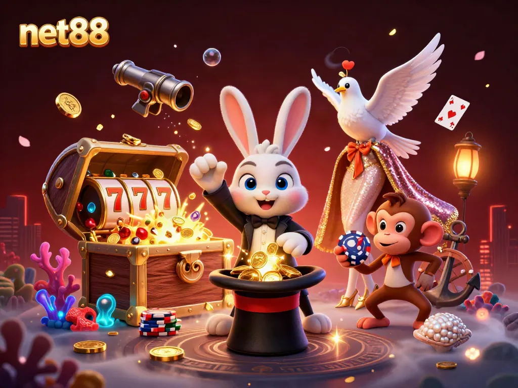 Experience the excitement of net88 with our vibrant 3D illustration, showcasing thrilling casino games.