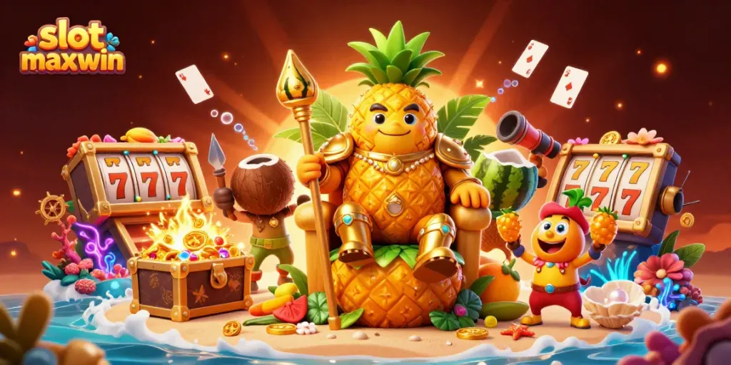 Experience the thrill of slot maxwin with this vibrant 3D casino scene featuring winning symbols and characters.