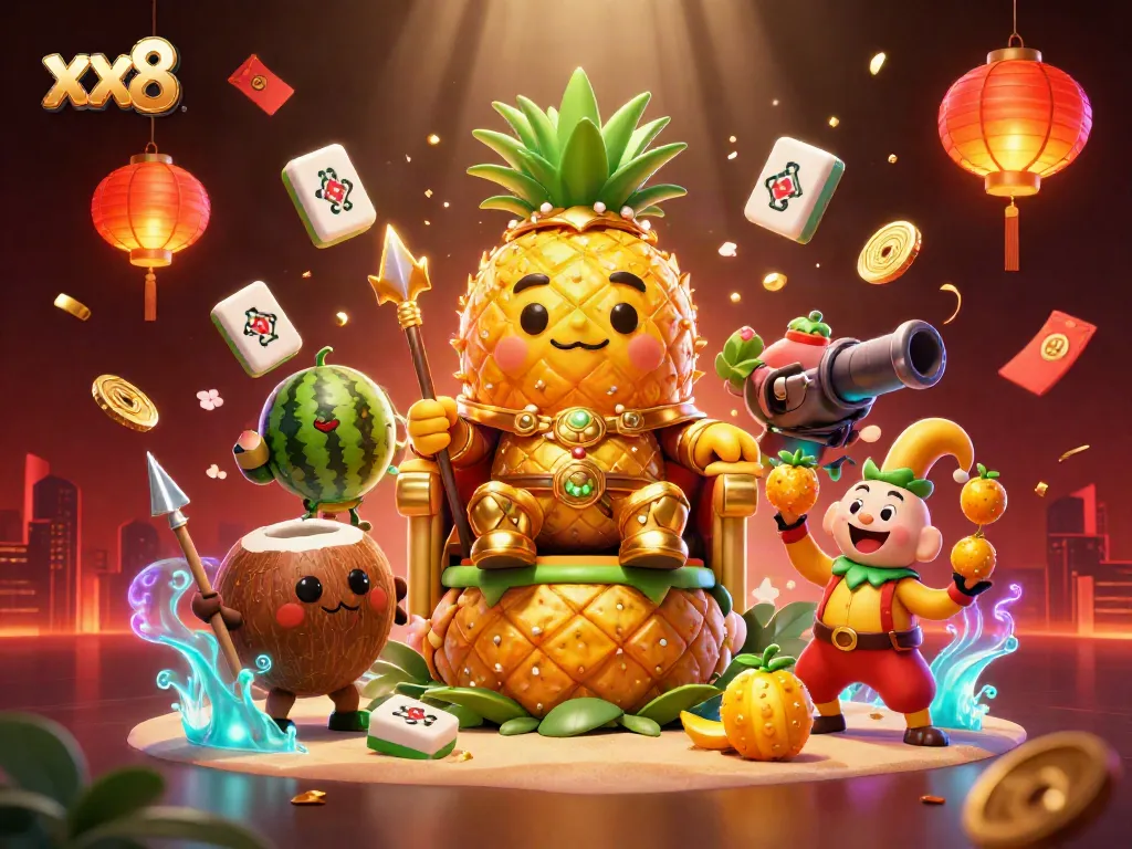 Experience thrilling casino adventures with xx8's golden pineapple king and vibrant characters.