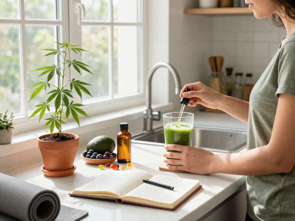 Buy pre-rolls online with premium CBD oil, fresh hemp plant, and organic wellness products in an inviting kitchen.