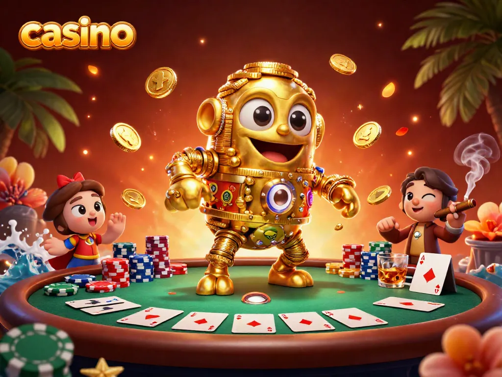 Experience casino excitement with a golden golem and poker action in this vibrant 3D illustration.